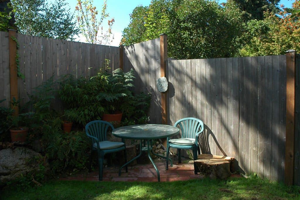 Small seating area tucked in a shaded corner garden