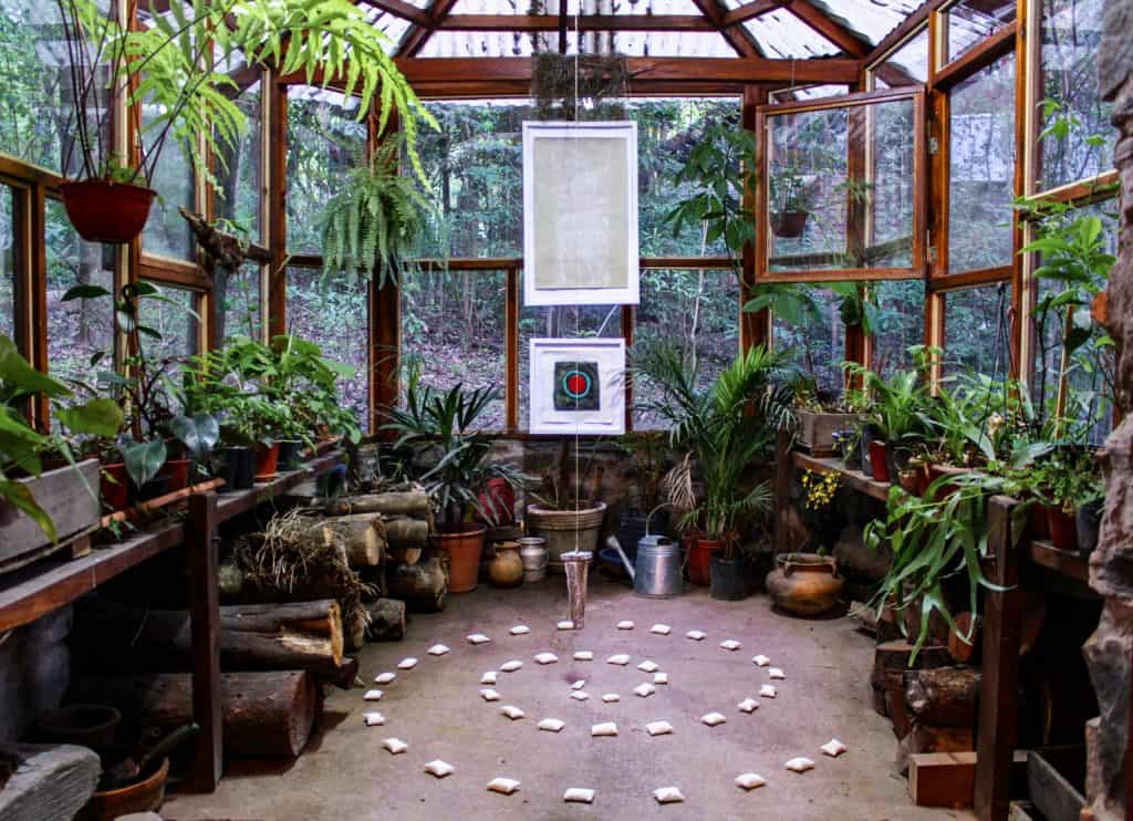 Various of plants inside an octagonal greenhouse
