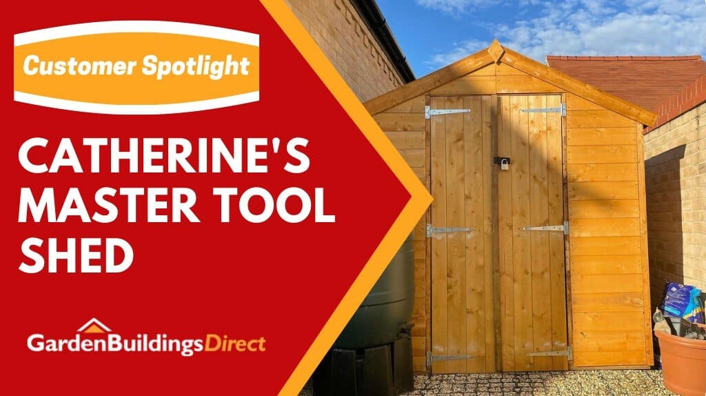 Image of a shed on the right with red graphic on the left and text "Catherine's Master Tool Shed"