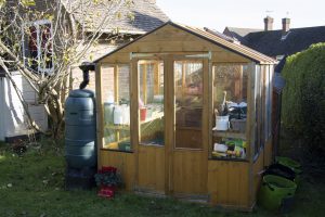 Wooden greenhouse viewed from the front with planting accessories at the sides