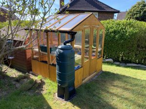 Wooden greenhouse in a sunny grassy garden with a water butt