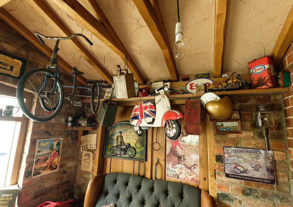 Shed man cave interior featuring vintage pieces