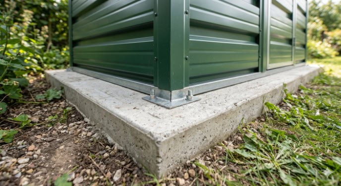 A close-up view of the corner of a green metal shed securely bolted to a level concrete foundation.