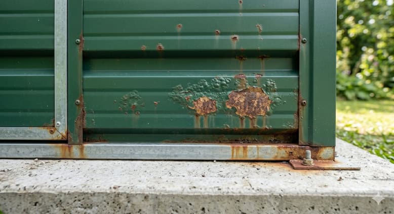 A close-up view of a green metal shed wall showing signs of peeling paint and rusted areas.