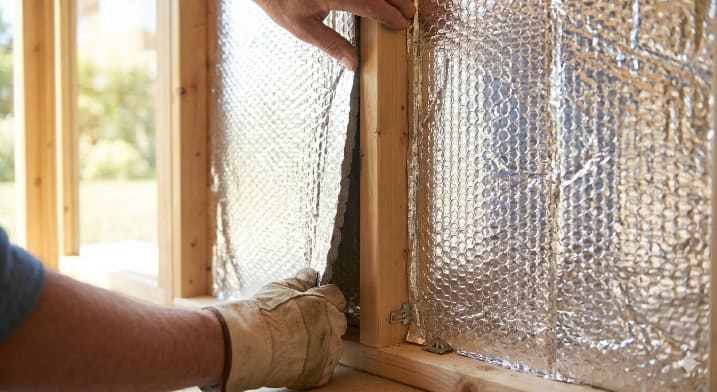 A person installing foil-backed insulation between the timber wall studs of a summerhouse.
