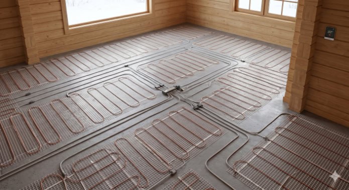 An installation of electric underfloor heating mats laid on the subfloor of a garden log cabin.