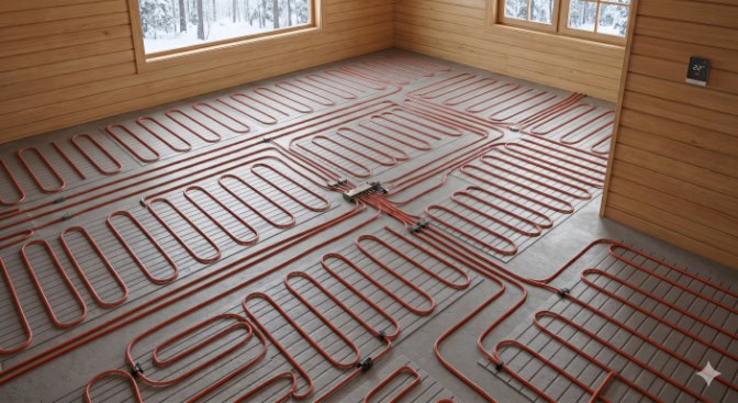 A water-based underfloor heating system with a pipe circuit installed on the subfloor of a garden log cabin.