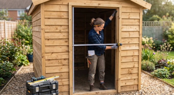 A woman uses a tape measure to check the inner dimensions of a doorless wooden shed frame.