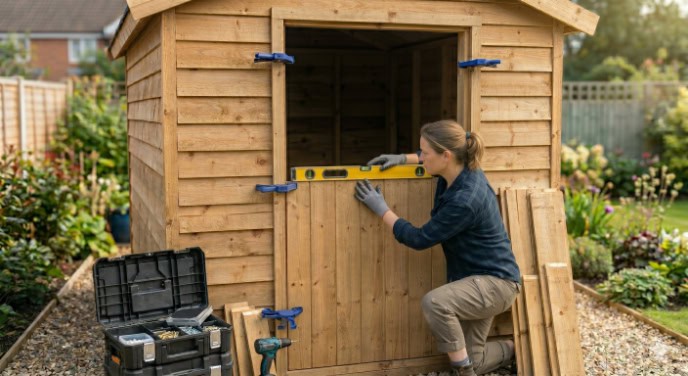 A woman holds a yellow spirit level against the bottom panel of a shed door to ensure it is aligned correctly.
