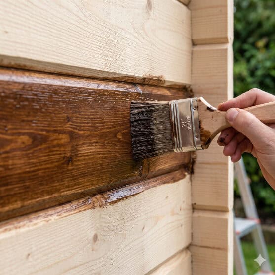 A close-up of a hand using a loaded paintbrush to apply a dark wood stain to the textured surface of a log cabin wall