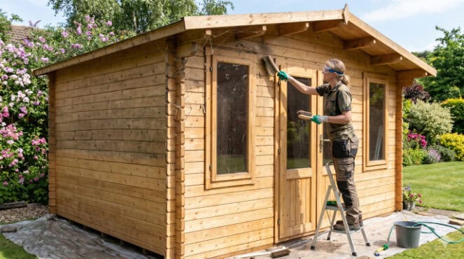 A person wearing safety goggles uses a stiff brush to clean the exterior timber of a garden log cabin.