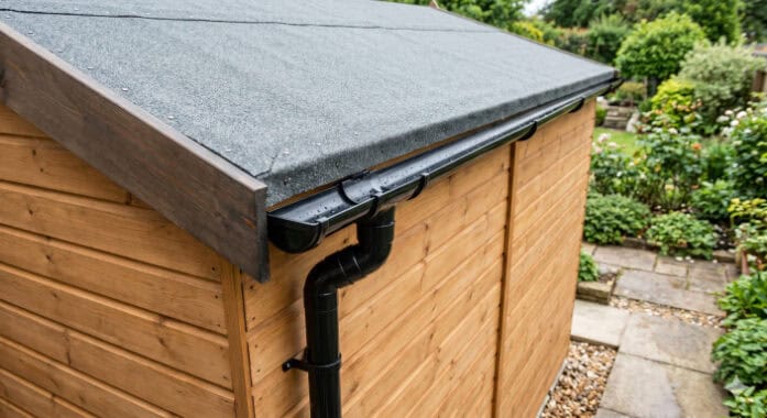 A wooden shed roof featuring grey mineral felt and a black plastic gutter system.