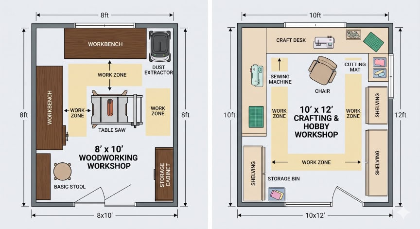 An overhead 2D diagram comparing an 8x10 woodworking workshop and a 10x12 crafting workshop, showing the layout of furniture, tools, and work zones in each space.