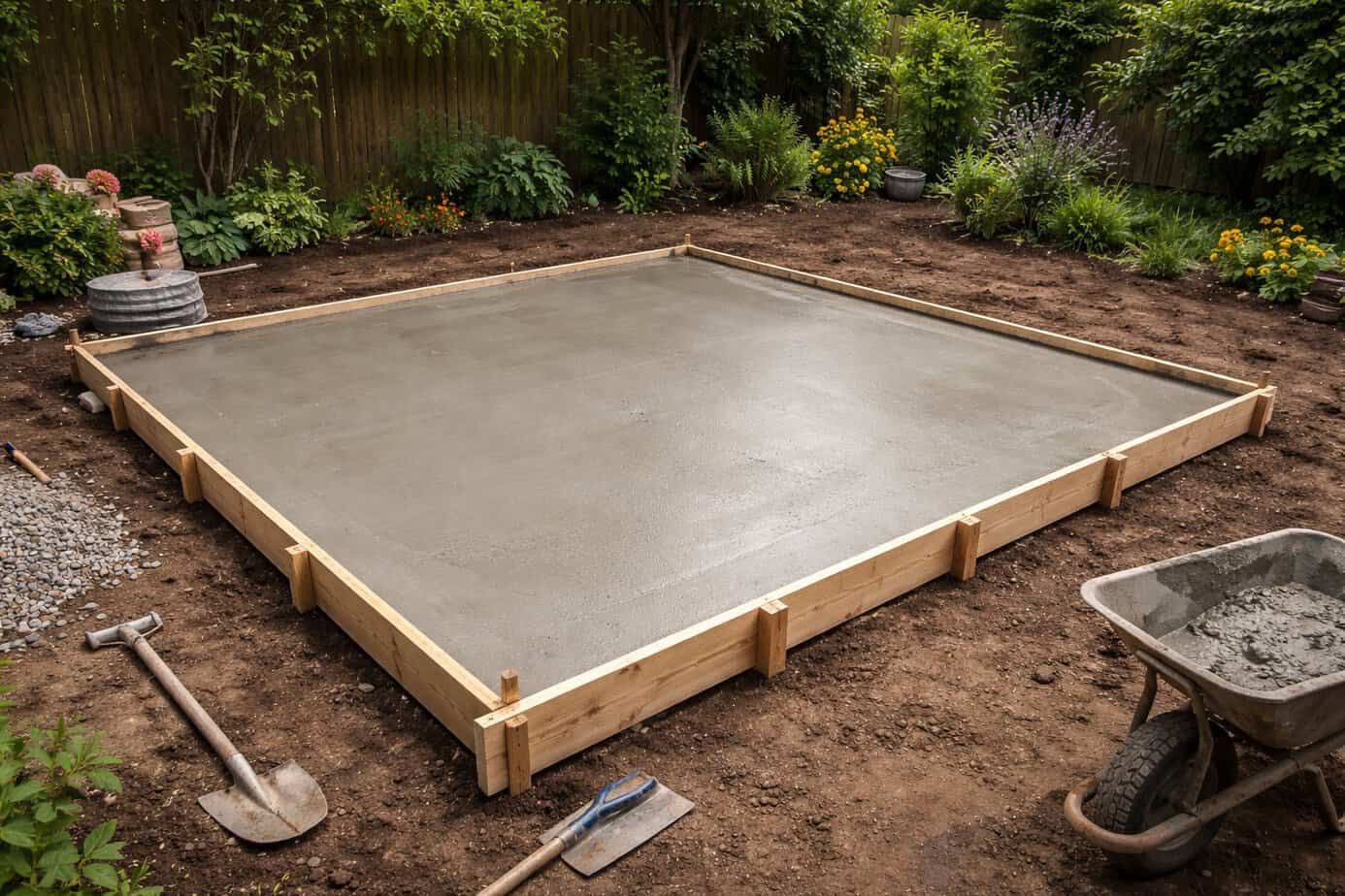 A concrete base in a garden with timber formwork, partially poured and in progress, on cleared soil.