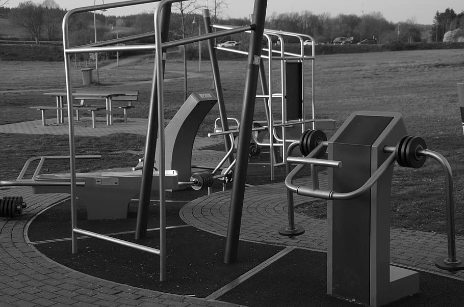 Outdoor gym in black and white photo