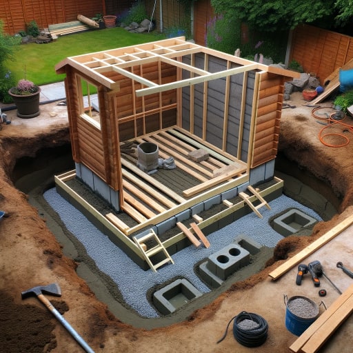 An early construction stage of a garden sauna cabin, with the wooden framework and concrete foundation in place. 