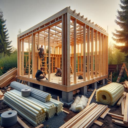 Construction of a garden sauna’s wooden frame with builders at work. Insulation materials are prepared on the ground, ready to be installed.