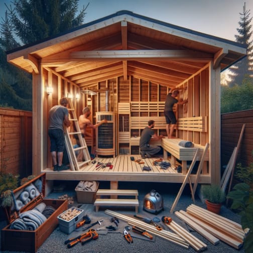 A nearly completed sauna installation within a wooden cabin, with individuals working on interior fittings such as benches and a heater.