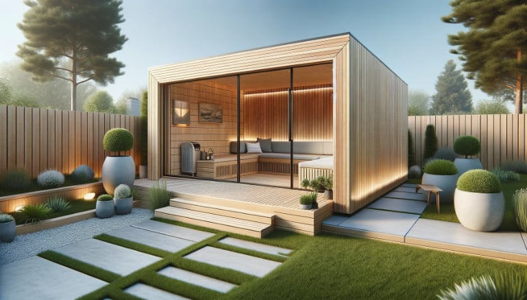 A sleek garden sauna cabin with flat wood boards and large glass doors. It sits in a manicured garden with topiary plants, stepping stones, and modern landscaping, exuding a tranquil, luxurious atmosphere for relaxation.