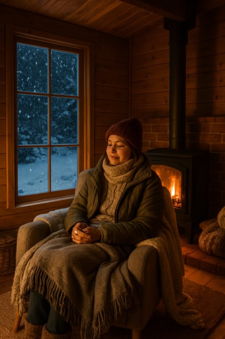 How to heat a summer house shown with a woman in layers sitting on a couch by a lit wood-burning stove. Wooden walls, a rug on the floor, and snow falling outside the window at night.