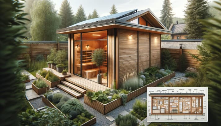 A modern garden sauna cabin with panoramic windows nestled amidst lush landscaping. The image includes a detailed architectural plan indicating a thoughtful layout and eco-friendly design features.