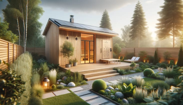 A serene garden sauna cabin with a modern design, showcasing natural wood panels, expansive windows, and a lounging deck