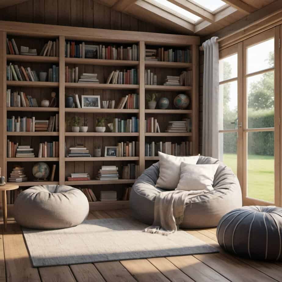 A cosy garden room with a large window overlooking a lawn, a white beanbag, and a bookshelf filled with books.