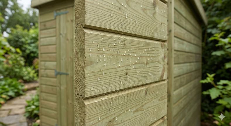 A close-up of pressure-treated tongue and groove timber panels with a greenish tint and natural water droplets, showing the wood’s initial water resistance.