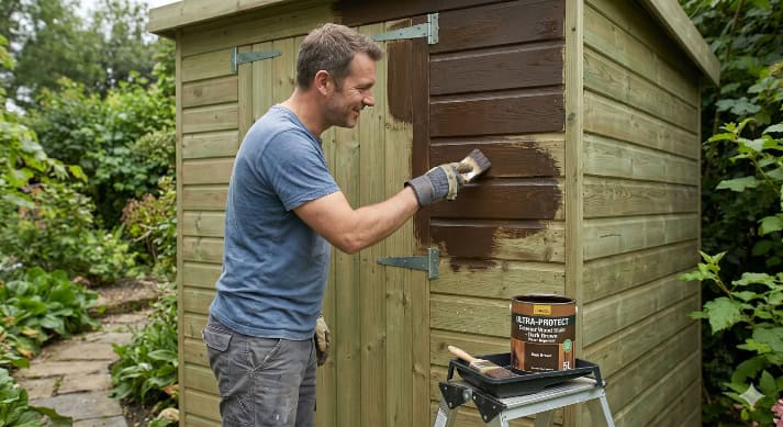A person applies a protective wood stain to a tongue and groove wooden garden shed.