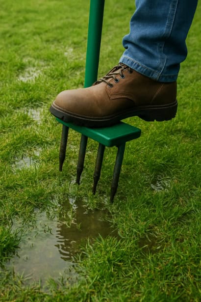 Person using a lawn aerator tool on a garden with slight water pooling.