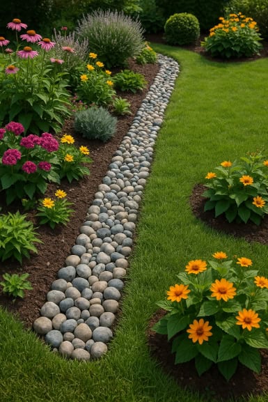 French drain installed alongside garden borders.