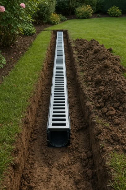 Garden drain channel installation in progress.