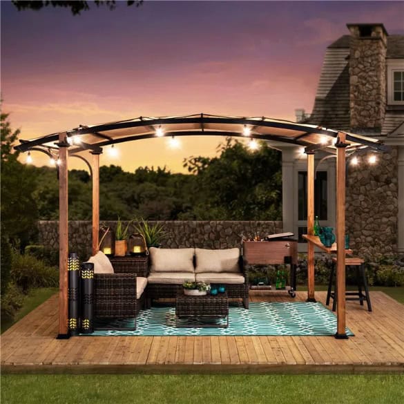 Sunjoy 4x2m Skuta Arched Pergola with Wood Finish and Tan Shade