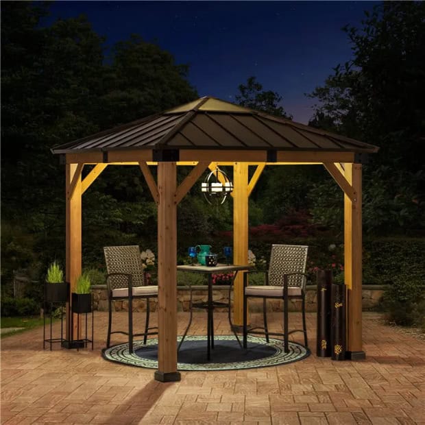 Sunjoy Rapi 3x3m Cedar Framed Gazebo with Brown Steel and Polycarbonate Hip Roof Hardtop