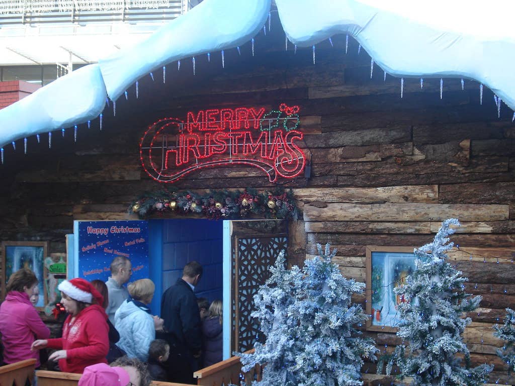 The entrance to Santa’s grotto in Dundrum, Dublin, with guests arriving.