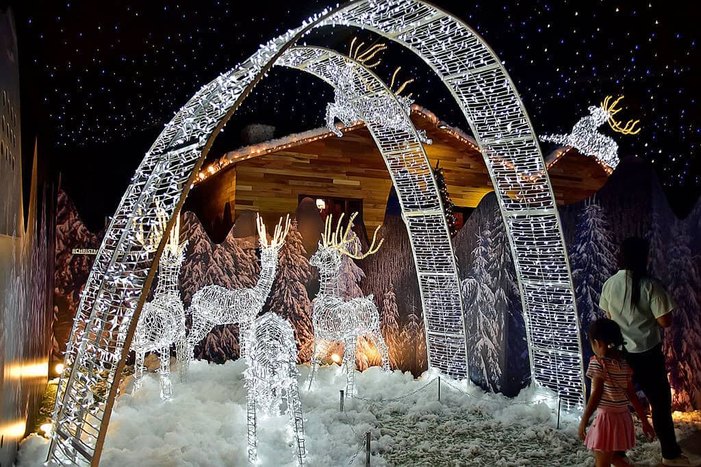 2D lighted reindeer display adorned with white Christmas lights.