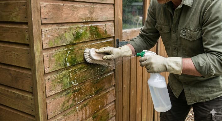 A man in gardening gloves uses a soft brush and a clear spray bottle to clean algae off the wooden siding of a garden shed.