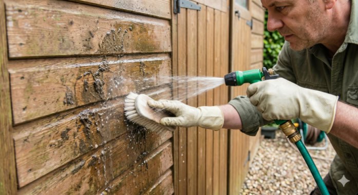A man cleans splashed mud from the lower panels of a wooden shed using a garden hose and a handheld scrubbing brush.