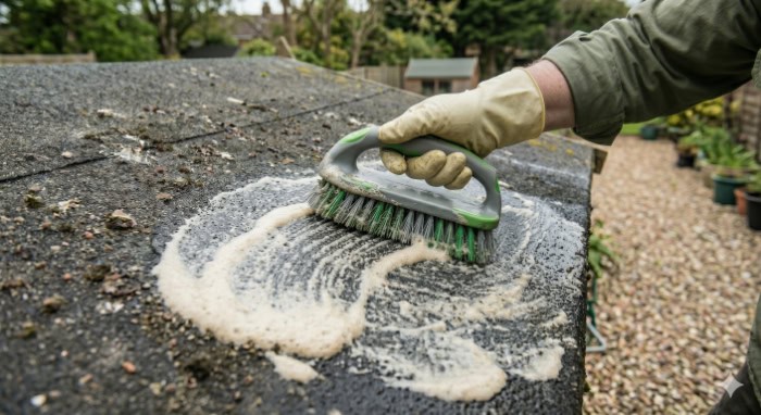 A gloved hand uses a scrubbing brush to spread a foamy baking soda solution across a dirty, moss-covered wooden shed roofing felt.