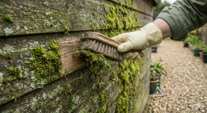 A person uses a stiff dry brush to knock thick clumps of green moss off the timber cladding of a wooden shed.