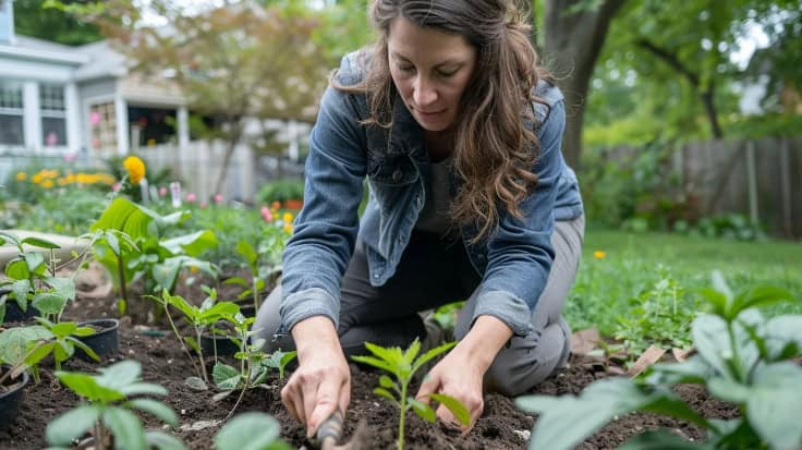 A woman plants new seedlings in the soil.