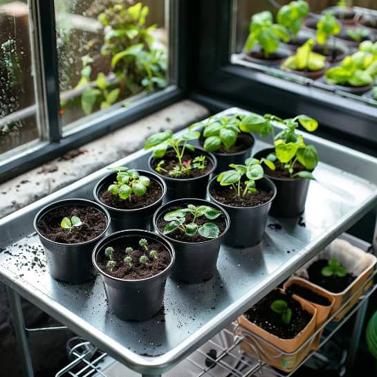 Green plants growing in black pots on a tray by the window.