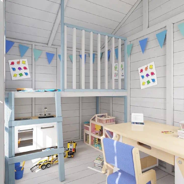 interior of a two-storey playhouse, painted whit ewith a blue ladder and upstairs bunk area.