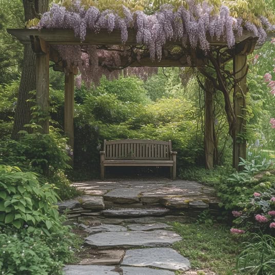 A wooden garden bench nestled in the garden, with a pergola overhead covered in Wisteria.