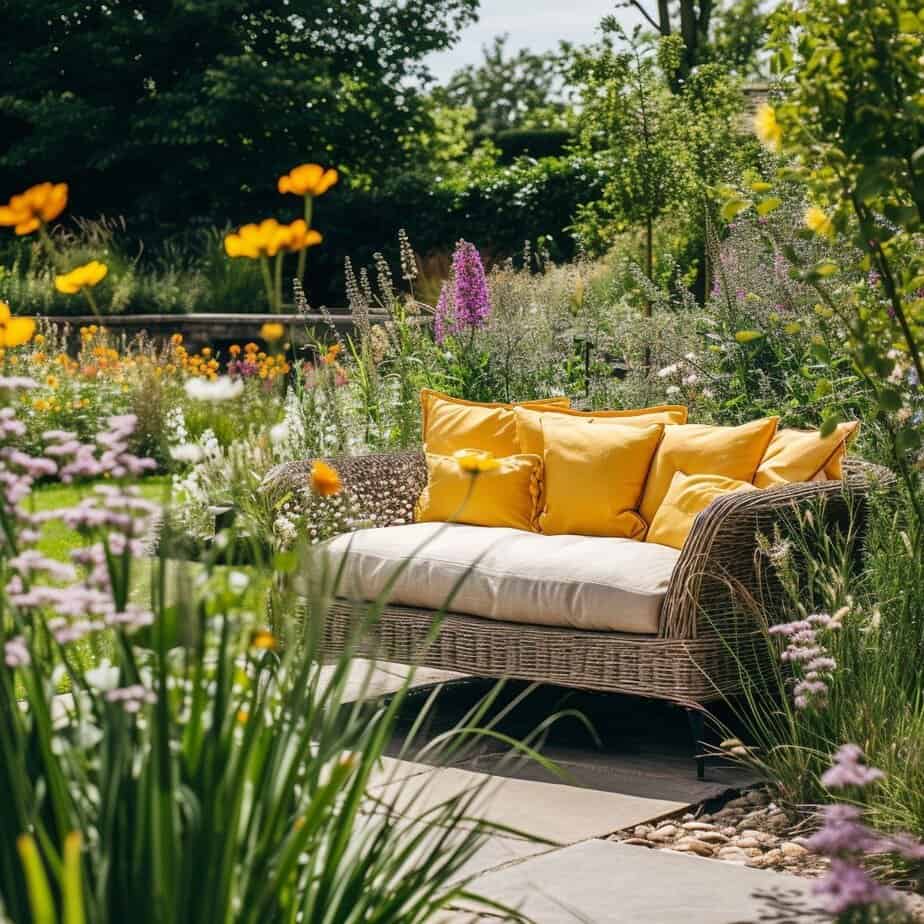 Garden wicker sofa setup with yellow cushion, surrounded by greenery.