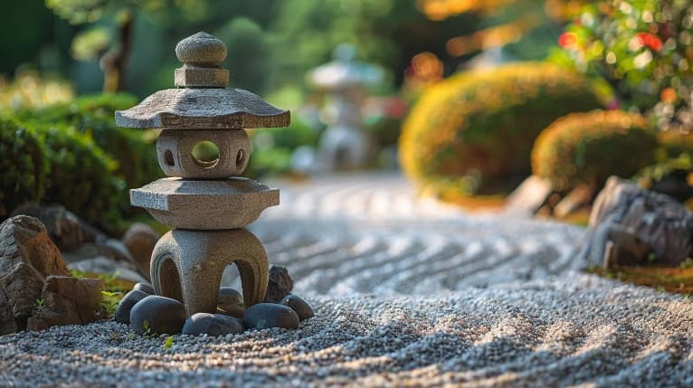 A Japanese garden with raked sand and a stone lantern.