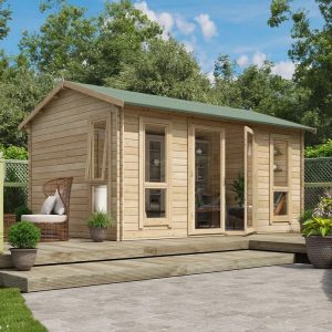 A log cabin with a reverse apex roof