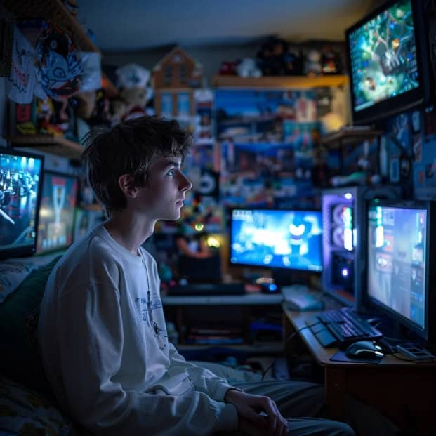 A young gamer focused on their screen, with gaming gear and memorabilia around them.