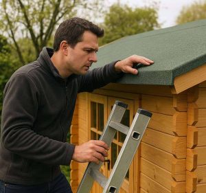 A man on a ladder, inspecting the roof felt of his garden log cabin.