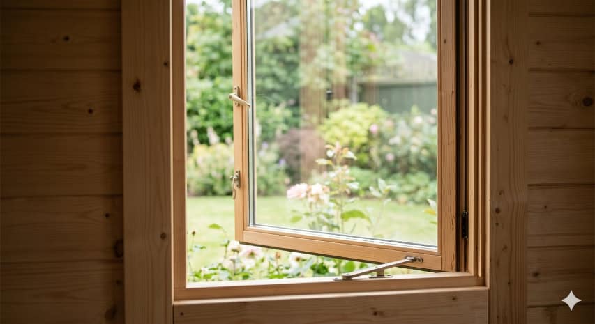 A garden room window propped slightly open using a metal casement stay for ventilation.